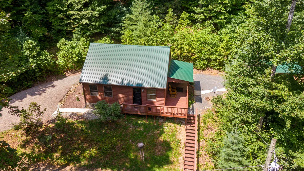 This image displays the cabin with its green roof nestled among dense greenery, a winding pathway leading up to it, and hints of the secluded woodland setting. The vantage point emphasizes both the privacy of the property and its inviting nature, surrounded by mature trees on expansive land.